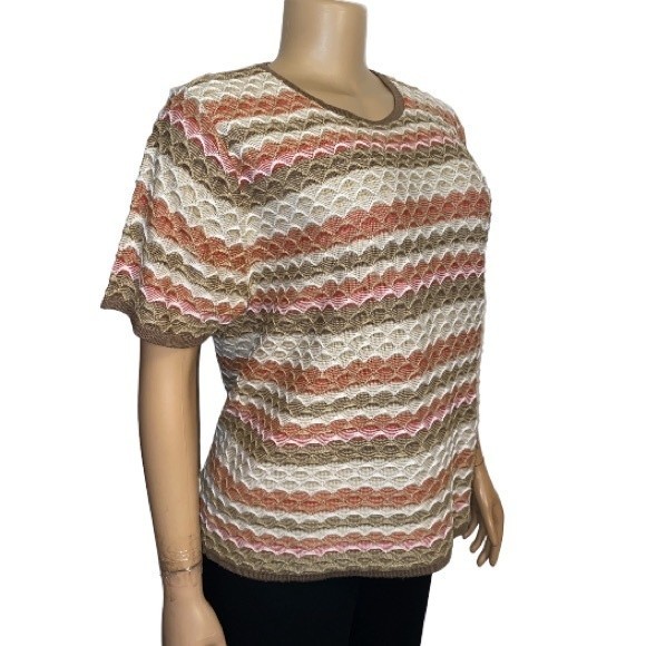 Alfred Dunner Knit Top Crochet Going Native Scalloped Brown Cream Rust Size M - Picture 4 of 10